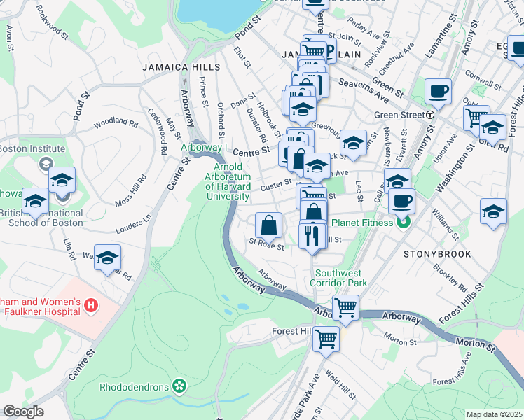 map of restaurants, bars, coffee shops, grocery stores, and more near 39 Jamaica Street in Boston