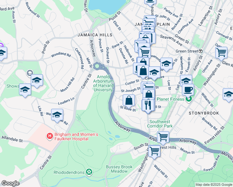 map of restaurants, bars, coffee shops, grocery stores, and more near 236 Arborway in Boston