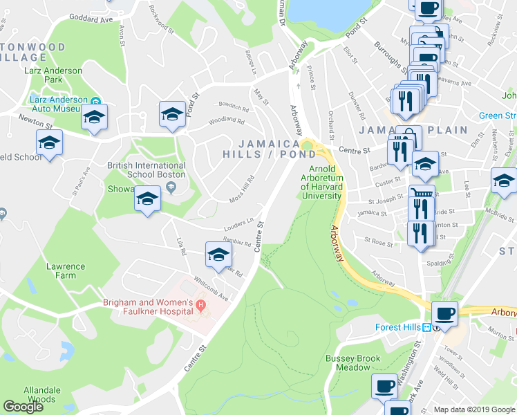 map of restaurants, bars, coffee shops, grocery stores, and more near 1010 Centre Street in Boston