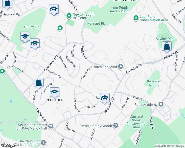 map of restaurants, bars, coffee shops, grocery stores, and more near 98 Baldpate Hill Road in Newton