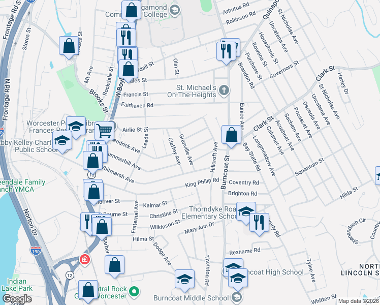 map of restaurants, bars, coffee shops, grocery stores, and more near 23 Granville Avenue in Worcester