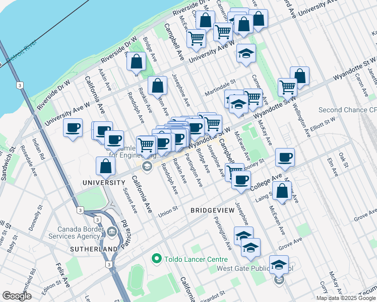 map of restaurants, bars, coffee shops, grocery stores, and more near in Windsor