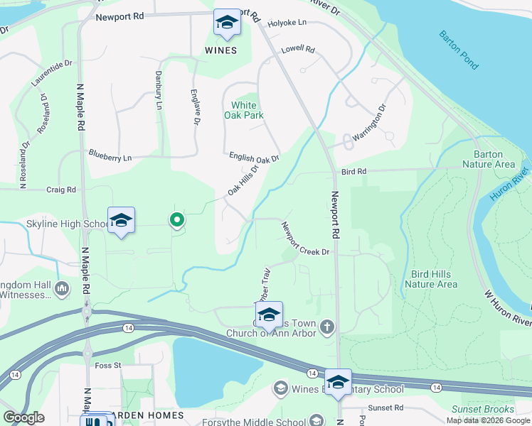 map of restaurants, bars, coffee shops, grocery stores, and more near 1564 Newport Creek Drive in Ann Arbor
