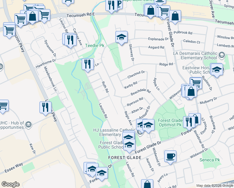 map of restaurants, bars, coffee shops, grocery stores, and more near 2946 Ruth Road in Windsor