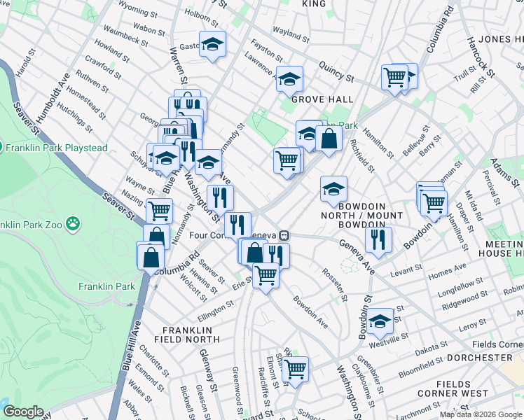 map of restaurants, bars, coffee shops, grocery stores, and more near 169 Columbia Road in Boston