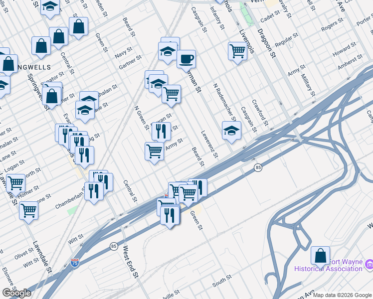 map of restaurants, bars, coffee shops, grocery stores, and more near 7044 Lexington Street in Detroit