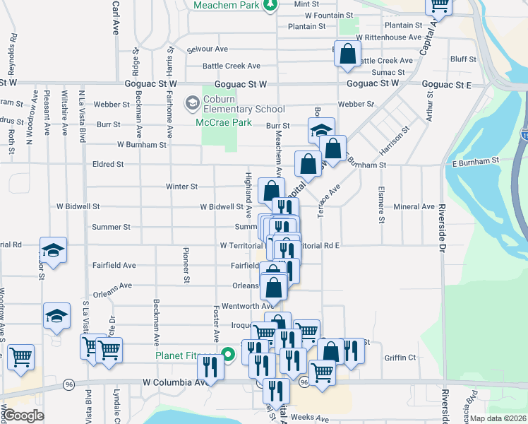 map of restaurants, bars, coffee shops, grocery stores, and more near 588 Capital Avenue Southwest in Battle Creek