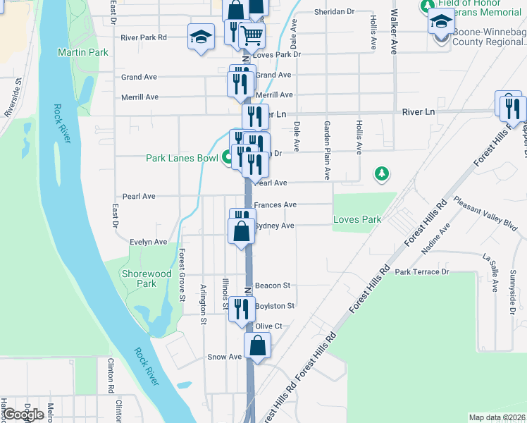 map of restaurants, bars, coffee shops, grocery stores, and more near 513 Frances Avenue in Loves Park