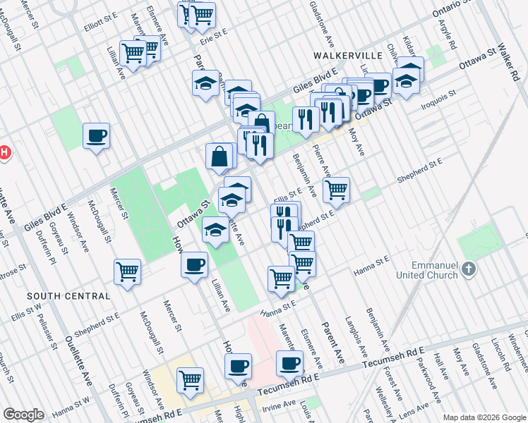 map of restaurants, bars, coffee shops, grocery stores, and more near 1407 Parent Avenue in Windsor