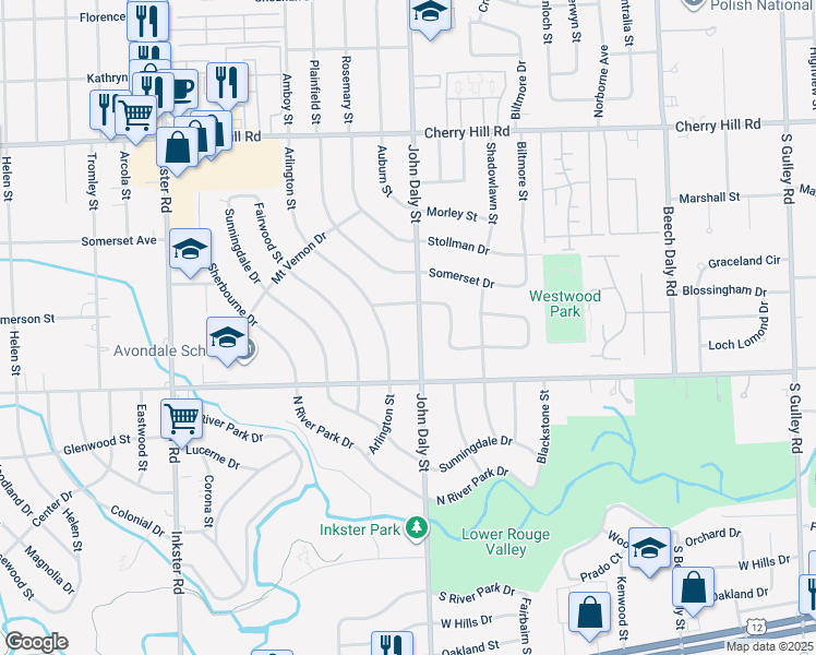 map of restaurants, bars, coffee shops, grocery stores, and more near 768 John Daly Street in Inkster