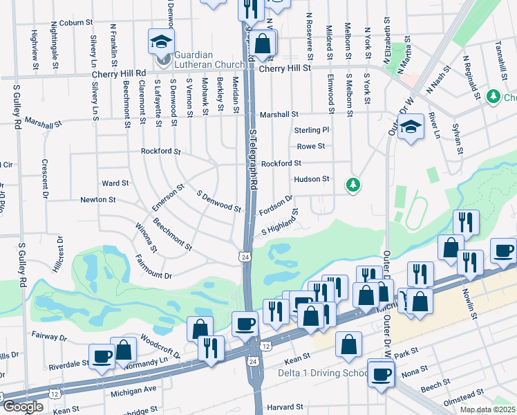 map of restaurants, bars, coffee shops, grocery stores, and more near 23933 Fordson Drive in Dearborn