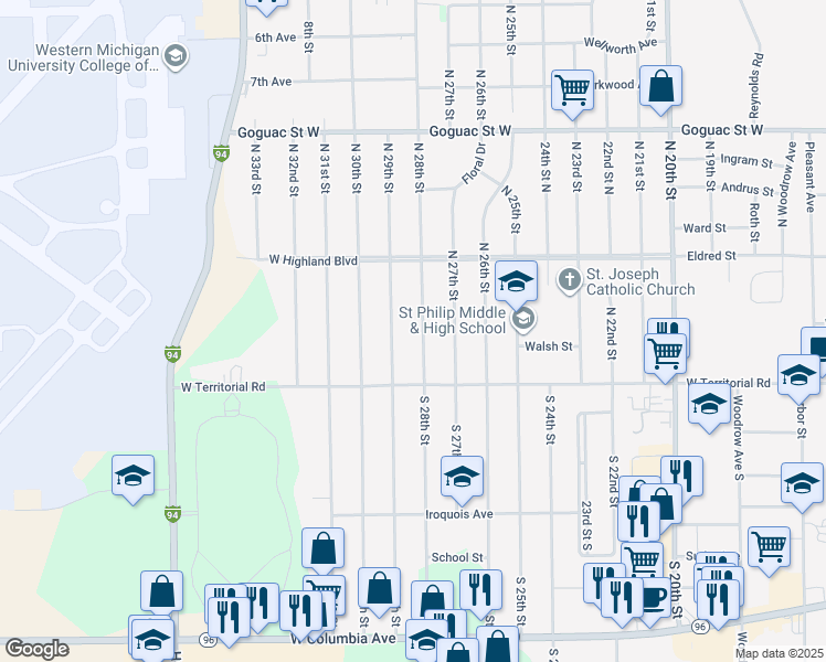 map of restaurants, bars, coffee shops, grocery stores, and more near 35 South 28th Street in Battle Creek
