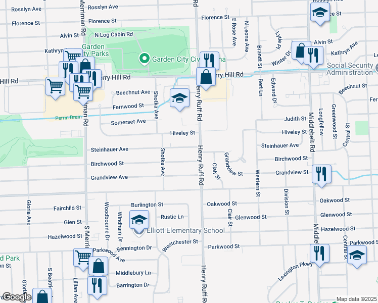 map of restaurants, bars, coffee shops, grocery stores, and more near 30461 Steinhauer in Westland