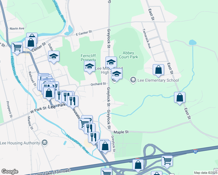 map of restaurants, bars, coffee shops, grocery stores, and more near 300 Greylock Street in Lee