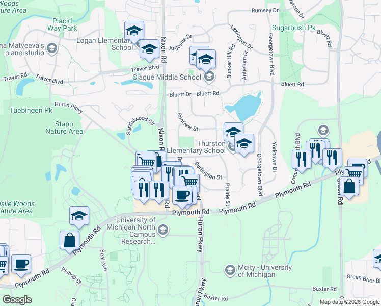 map of restaurants, bars, coffee shops, grocery stores, and more near 2721 Aurora Street in Ann Arbor