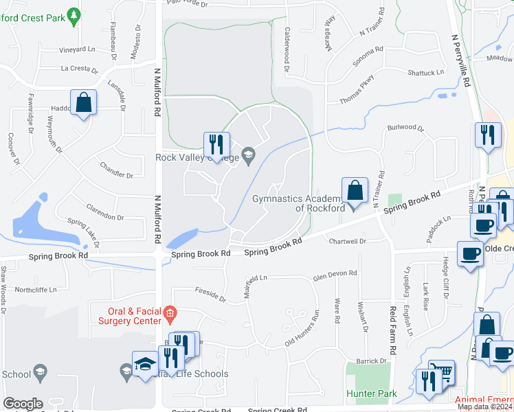 map of restaurants, bars, coffee shops, grocery stores, and more near 6324 Spring Brook Road in Rockford