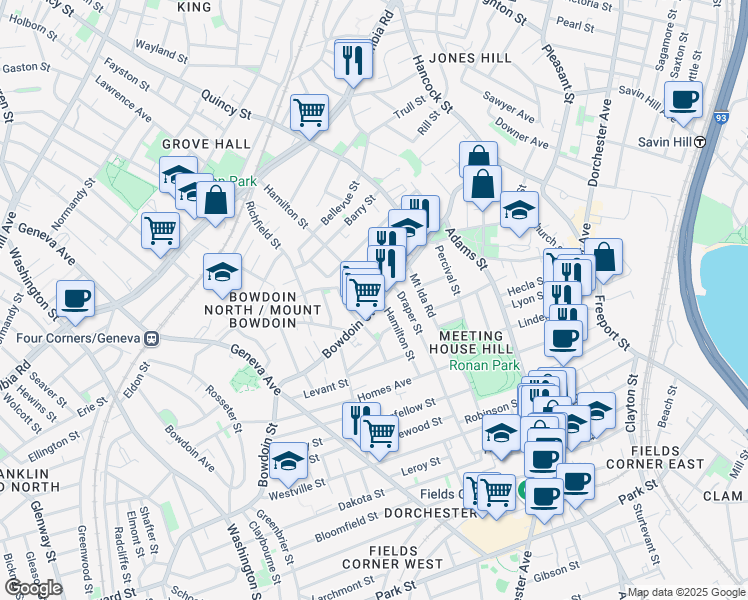 map of restaurants, bars, coffee shops, grocery stores, and more near 244-246 Bowdoin Street in Boston