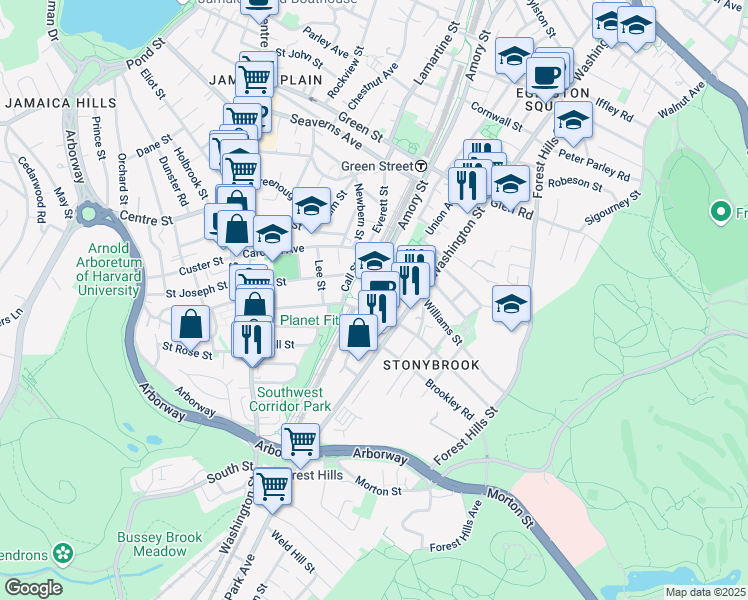 map of restaurants, bars, coffee shops, grocery stores, and more near 144 McBride Street in Boston