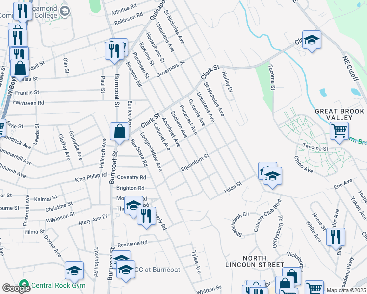 map of restaurants, bars, coffee shops, grocery stores, and more near 31 Calumet Avenue in Worcester