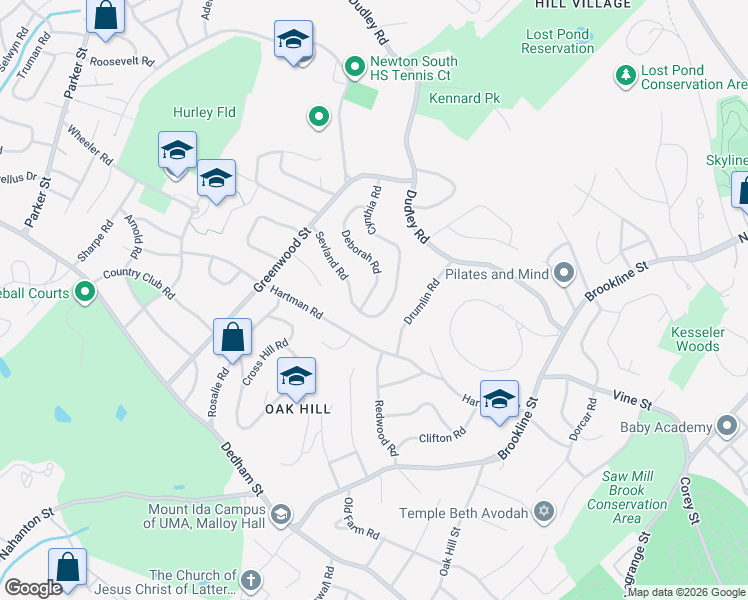 map of restaurants, bars, coffee shops, grocery stores, and more near 148 Cynthia Road in Newton