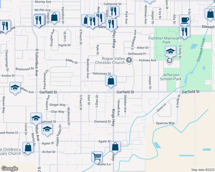 map of restaurants, bars, coffee shops, grocery stores, and more near 734 Garfield Street in Medford