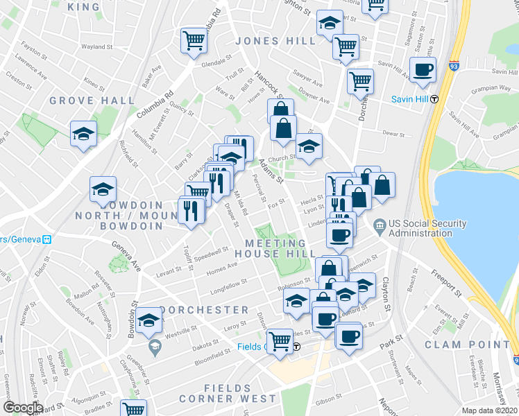 map of restaurants, bars, coffee shops, grocery stores, and more near 38 Fox Street in Boston