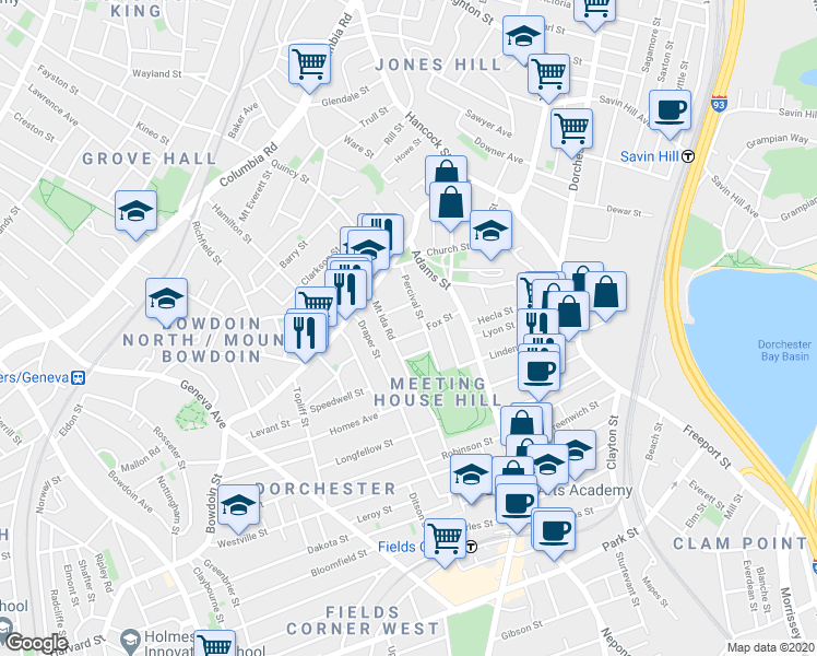 map of restaurants, bars, coffee shops, grocery stores, and more near 38 Fox Street in Boston