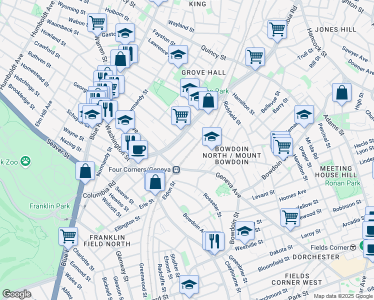 map of restaurants, bars, coffee shops, grocery stores, and more near 27 Vaughan Avenue in Boston