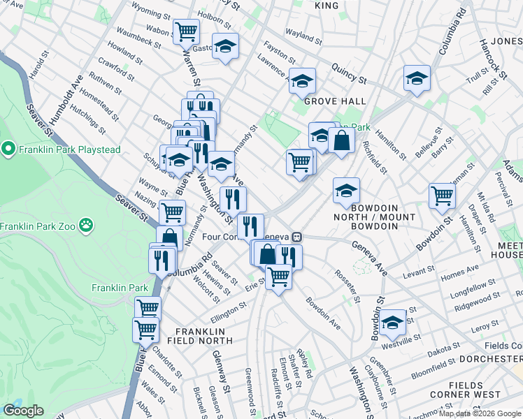 map of restaurants, bars, coffee shops, grocery stores, and more near 150 Columbia Road in Boston