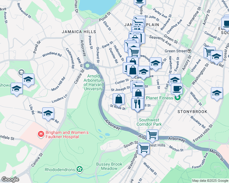 map of restaurants, bars, coffee shops, grocery stores, and more near 39 Jamaica Street in Boston