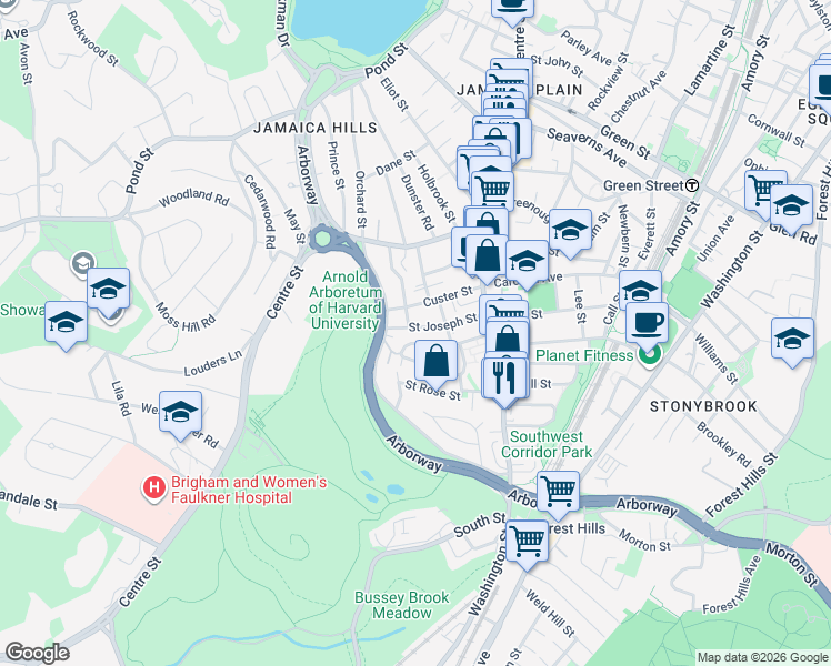 map of restaurants, bars, coffee shops, grocery stores, and more near 39 Jamaica Street in Boston