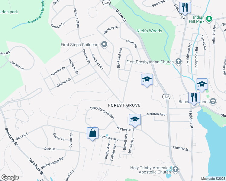 map of restaurants, bars, coffee shops, grocery stores, and more near 80 West Chester Street in Worcester