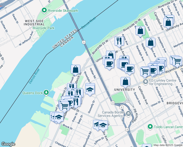 map of restaurants, bars, coffee shops, grocery stores, and more near 369 Indian Road in Windsor