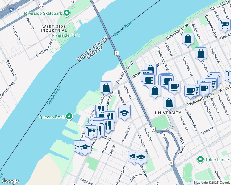 map of restaurants, bars, coffee shops, grocery stores, and more near 335 Rosedale Avenue in Windsor