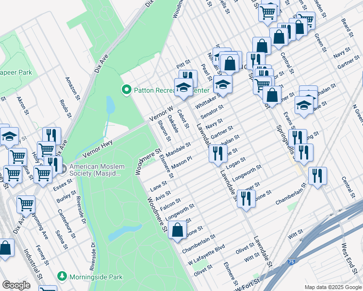 map of restaurants, bars, coffee shops, grocery stores, and more near 8915 Mandale Street in Detroit