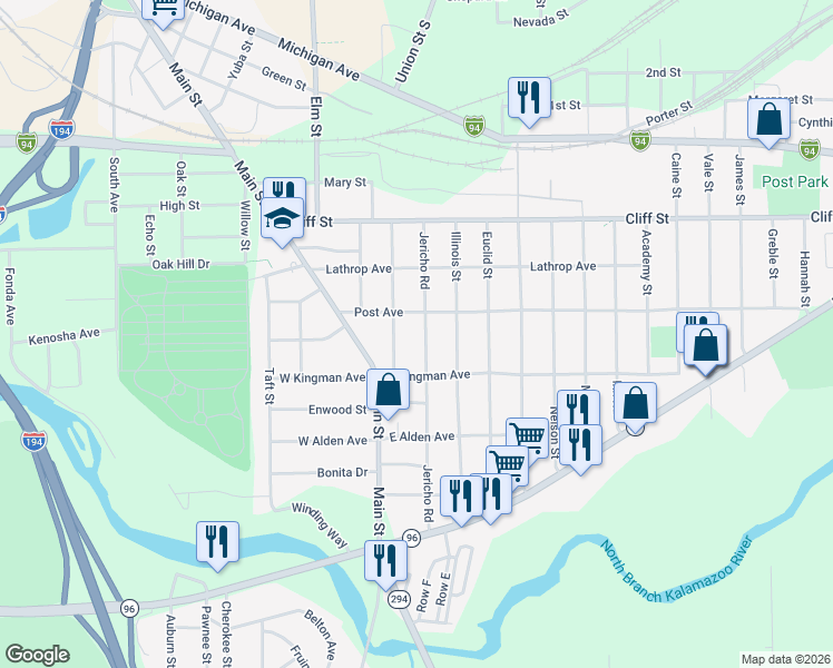 map of restaurants, bars, coffee shops, grocery stores, and more near 103 Highway Street in Battle Creek