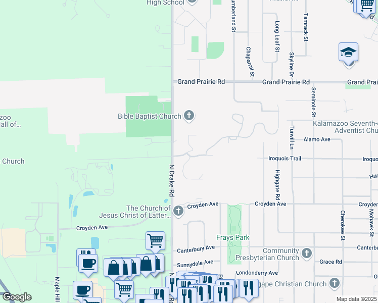 map of restaurants, bars, coffee shops, grocery stores, and more near 1514 North Drake Road in Kalamazoo