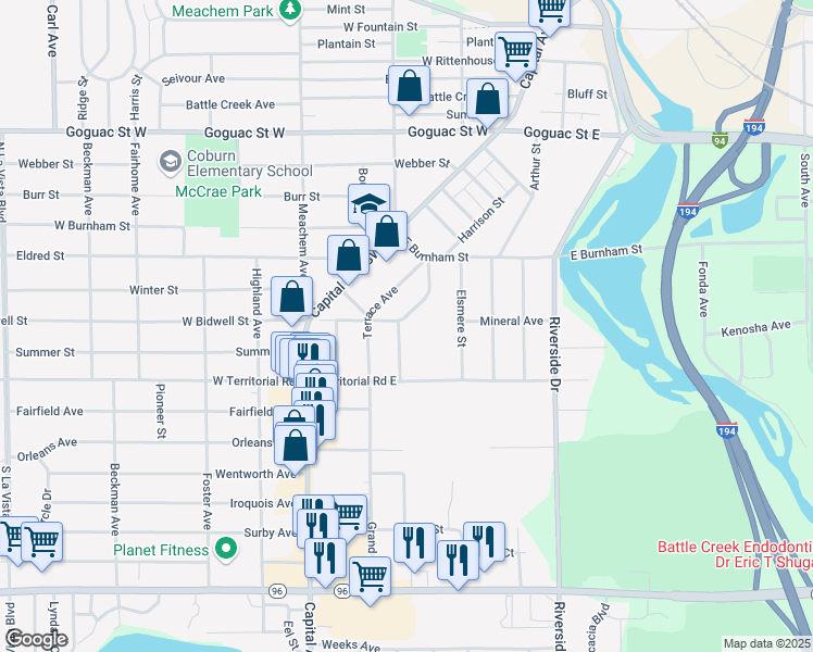 map of restaurants, bars, coffee shops, grocery stores, and more near 5 Lasalle Street in Battle Creek