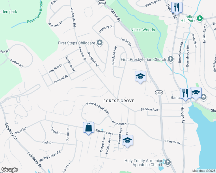 map of restaurants, bars, coffee shops, grocery stores, and more near 80 West Chester Street in Worcester