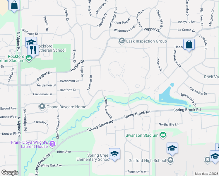 map of restaurants, bars, coffee shops, grocery stores, and more near 5141 Crofton Drive in Rockford