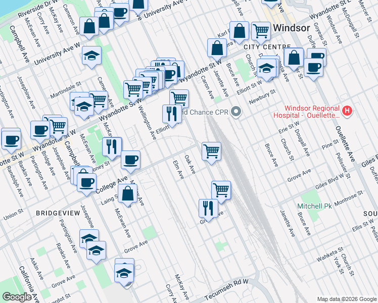 map of restaurants, bars, coffee shops, grocery stores, and more near in Windsor