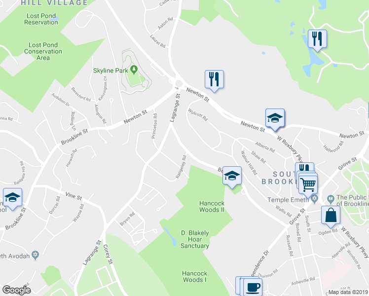 map of restaurants, bars, coffee shops, grocery stores, and more near 56 Beverly Road in Brookline