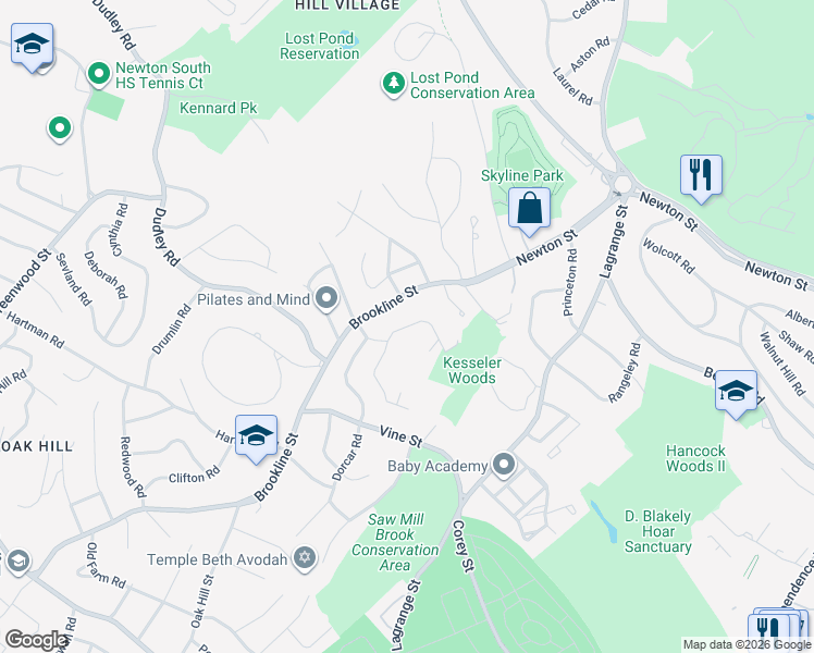 map of restaurants, bars, coffee shops, grocery stores, and more near 104 Harwich Road in Newton