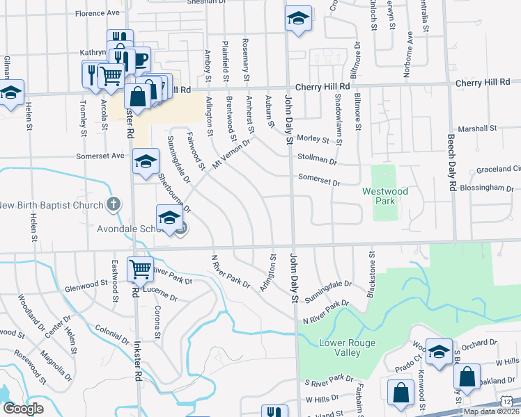 map of restaurants, bars, coffee shops, grocery stores, and more near 814 Arlington Street in Inkster