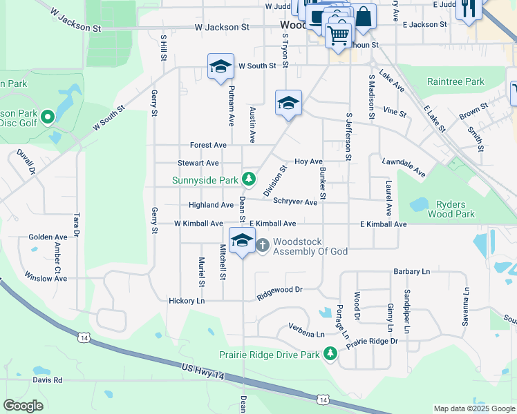 map of restaurants, bars, coffee shops, grocery stores, and more near 107 East Kimball Avenue in Woodstock