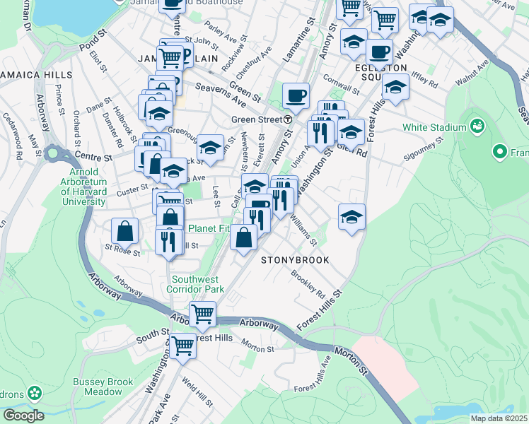 map of restaurants, bars, coffee shops, grocery stores, and more near 144 McBride Street in Boston