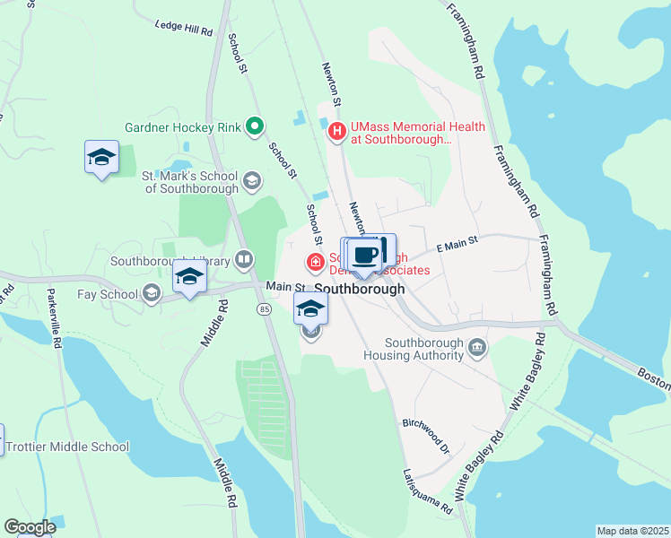 map of restaurants, bars, coffee shops, grocery stores, and more near 7 School Street in Southborough