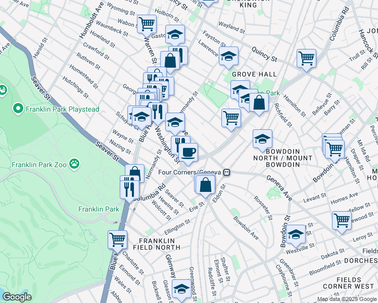 map of restaurants, bars, coffee shops, grocery stores, and more near 100 Washington Street in Boston