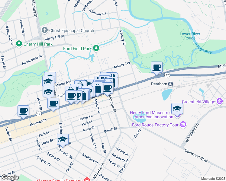 map of restaurants, bars, coffee shops, grocery stores, and more near 21950 Michigan Avenue in Dearborn