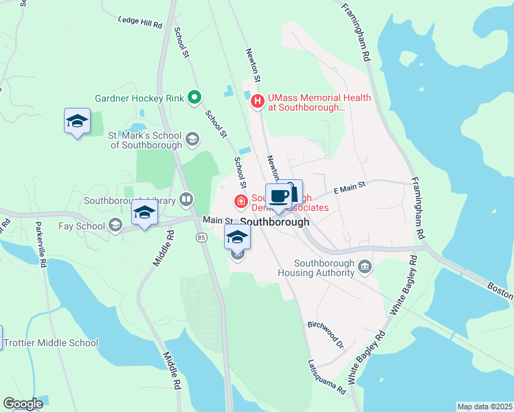 map of restaurants, bars, coffee shops, grocery stores, and more near 7 School Street in Southborough